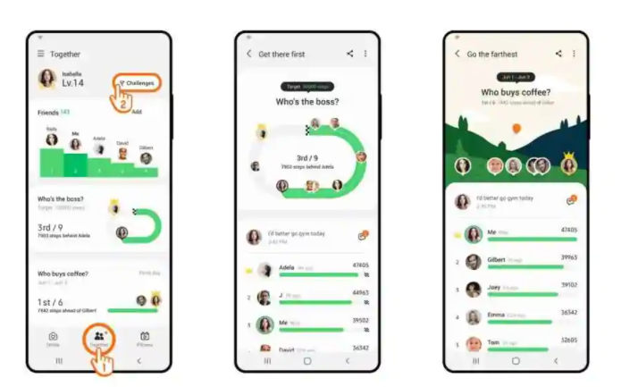 三星健康改进了挑战功能,可让您与朋友一起竞